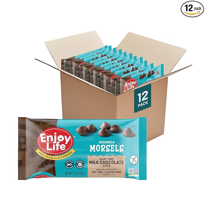 Enjoy Life Ricemilk Baking Morsels Milk Chocolate Flavor, Gluten Free, School Safe, Non GMO, Dairy Free, Soy Free, Vegan, Nut Free Chocolate, 12 Bags (9 oz) Bulk Chocolate