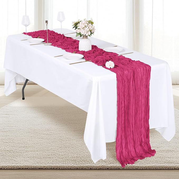 12 Pack Hot Pink Cheesecloth Table Runner 17x108 Inch Semi Sheer Boho Gauze Cheese Cloth Fabric Table Runners, for Wedding Party Baby Shower Birthday Home Decor Garden Farmhouse