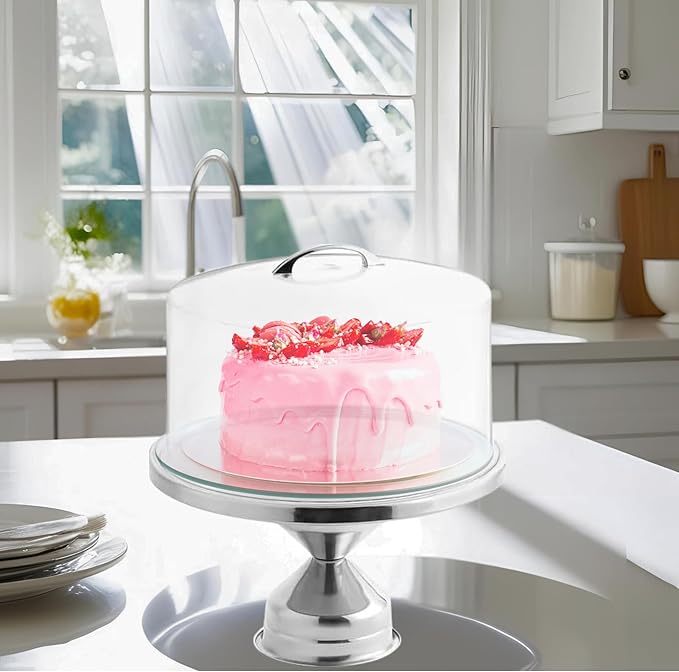 12" Cast Iron Cake Stand with Lid & Turntable for Decorating – Rotating Cake Holder, Carrier & Container, Dessert Display Stand, Cake Platter with Dome Cover & Pie Spatula