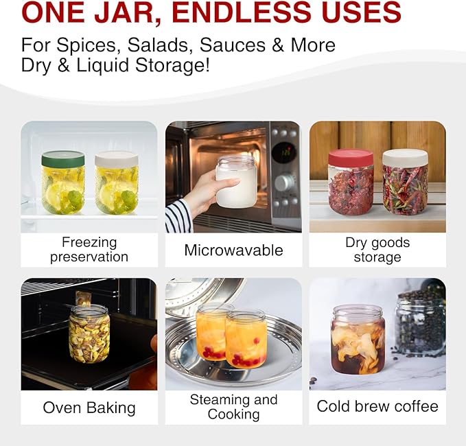16oz Borosilicate Glass Jars with Lids - Freezer to Oven Safe (-4°F to 446°F), Airtight Meal Prep Containers for Overnight Oats, Snacks, Coffee, Microwave & Dishwasher Safe (6pack)