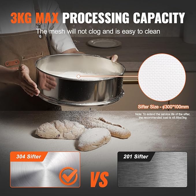 VEVOR Automatic Electric Vibrating Sieve, Stainless Steel Sifter Shaker Machine with 12+80 Mesh, 45W Automatic Powder Sifter Machine Countertop, Electric Sieve Shaker for Flour Powers, Mungbean, Rice