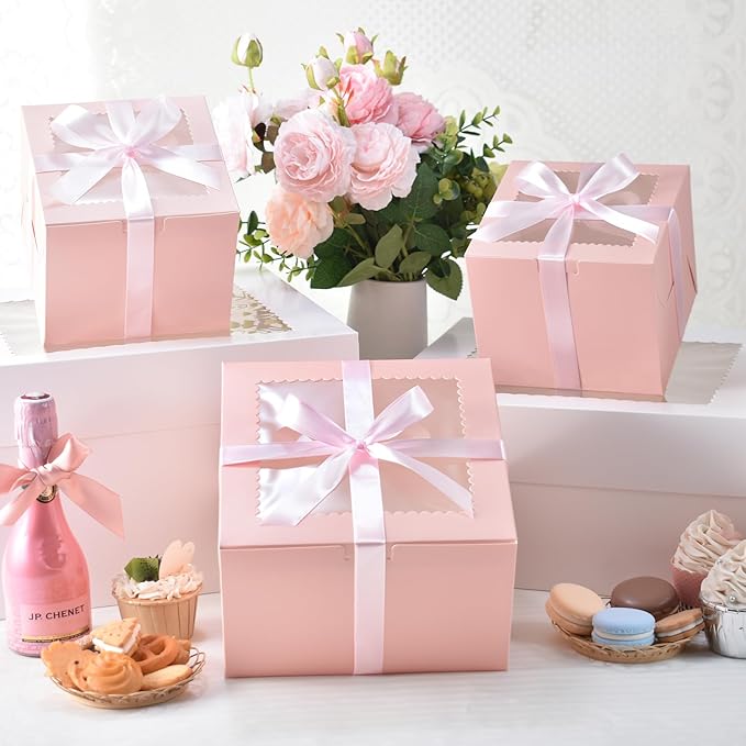KPOSIYA 40pcs 8x8x5 inches Cake Boxes with Cake Boards（20 Boxes & 20 Boards）, Pink Bakery Boxes with Window,Cajas Pasteles Cupcake Carriers Treat Containers for Dessert Pastries, Mother's Day