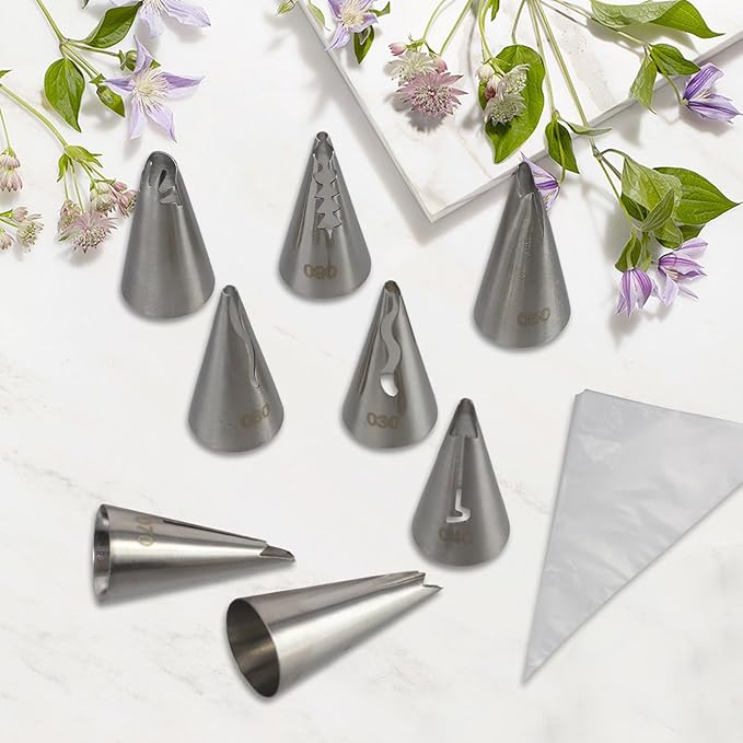 8PCS Piping Tips, Stainless Steel Icing Tips, Suitable for Pastry Fondant Cupcakes, with 50PCS Piping Bags, 1PCS Cleaning Brush, 1PCS Scissors