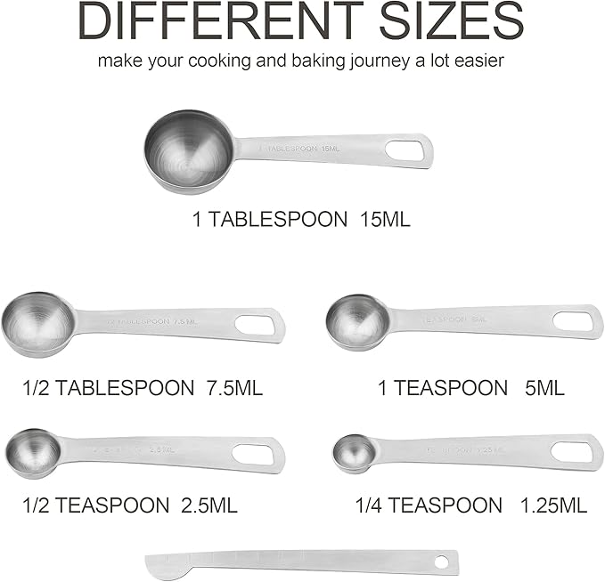Smithcraft Stainless Steel Measuring Cups and Spoons Set 18/8(304) Steel Material Heavy Duty 5 Measuring cups and 5 Measuring Spoons 1 Leveler and 2 rings Pack 13pcs Per set