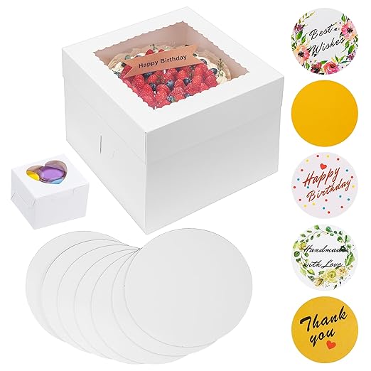 23Pcs Cake Boxes with Boards 10x10x8 Inch-(10 Boxes &10 Boards,3 Cupcake Box)&80 Stickers-Square Large White Bakery Boxes with Window for Cookies- Cake Decorating Supplies