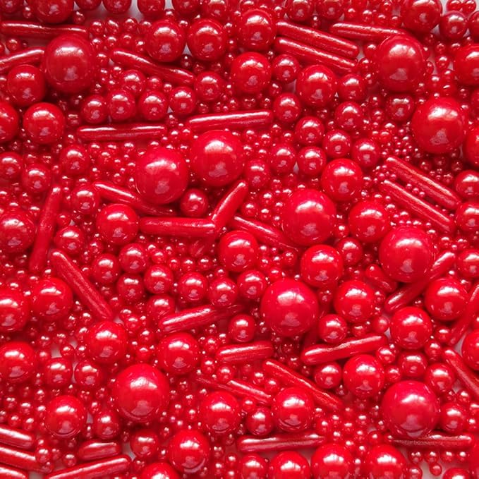 Edible Red Pearl Sugar Sprinkles Candy Mix Size Baking Edible Cake Decorations Cupcake Toppers Cookie Decorating Wedding Party Valentine Halloween Christmas Supplies 100g/3.53oz