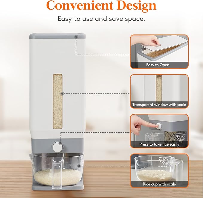Lifewit Rice Dispenser 25 Lbs(11.3kg), Rice Storage Container Sealed Moisture Proof with Measuring Cup for Kitchen Pantry Household, BPA-Free, 1 Pack