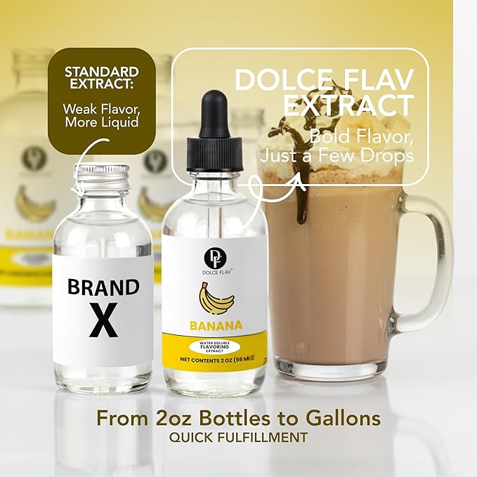 Dolce Flav Natural Banana Extract – 2 oz Water-Soluble Pure Banana Flavoring Drops for Baking, Smoothies & Desserts | Sugar Free, Allergen Free, Kosher | Made in USA