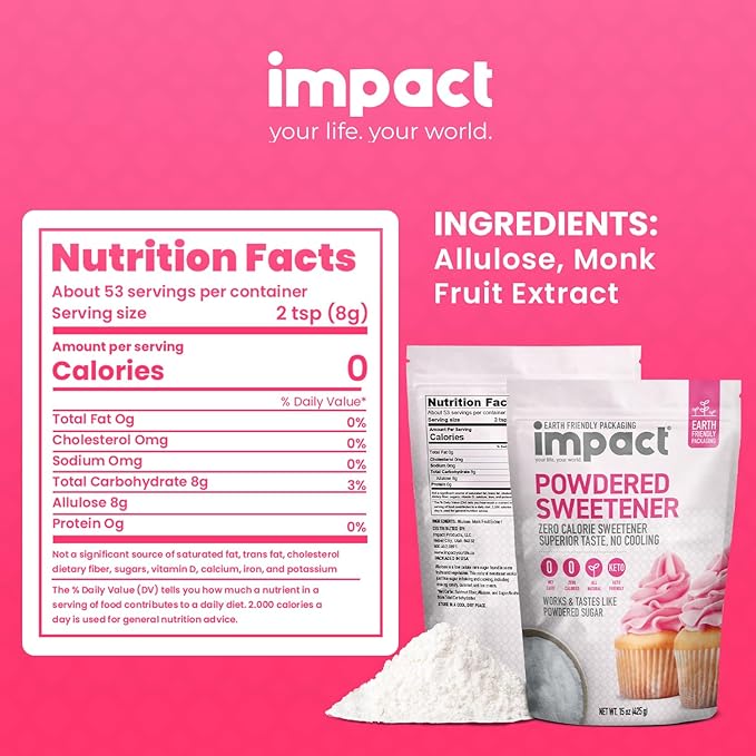 Impact Powdered Sweetener - Allulose, White Monk Fruit Blend – Zero Calorie and Carb, Keto-Friendly, Guilt-Free Substitute for Baking & Cooking - 0.94 lbs (Pack of 2)
