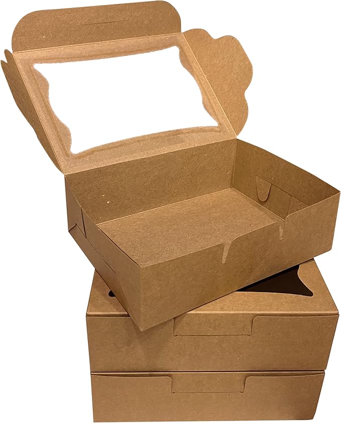 Bubbley Kraft Paper Bakery Boxes - 50-Pack Pastry Boxes with Window for Cookies, Chocolate Covered Strawberries, Macarons, and Muffins, Dessert Disposable Packaging, 8 x 6 x 2.5 Inches