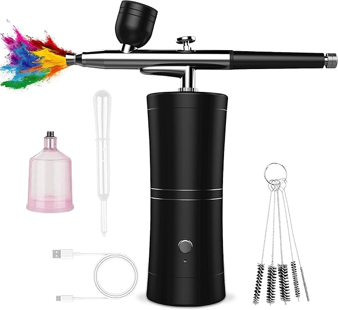 Cordless Rechargeable Airbrush Kit with Compressor - Adjustable High-Pressure Non-Clogging 0.3mm Nozzle Complete Set for Nail Art, Cake Decor, Barber, Model Painting & Makeup (Black)