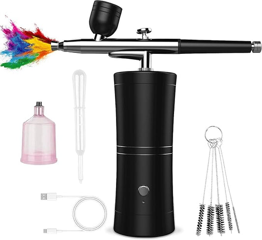 Cordless Rechargeable Airbrush Kit with Compressor - Adjustable High-Pressure Non-Clogging 0.3mm Nozzle Complete Set for Nail Art, Cake Decor, Barber, Model Painting & Makeup (Black)