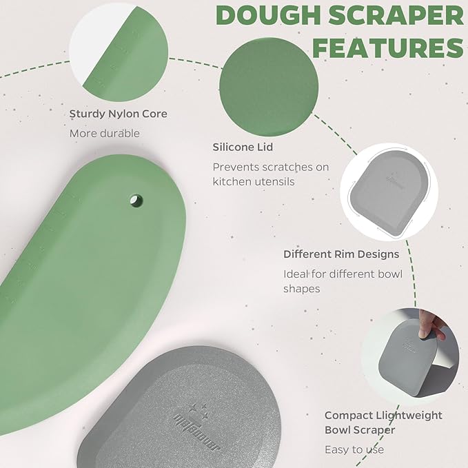 Bowl Scraper Dough Scraper Tool - Set of 2 Silicone Bench Scraper for Baking, Kitchen Pastry Scraper for Bread, Cake, Batter, cheese, Cream, Honey, Jam, Food Scraper with Curved Edge, Green & Grey