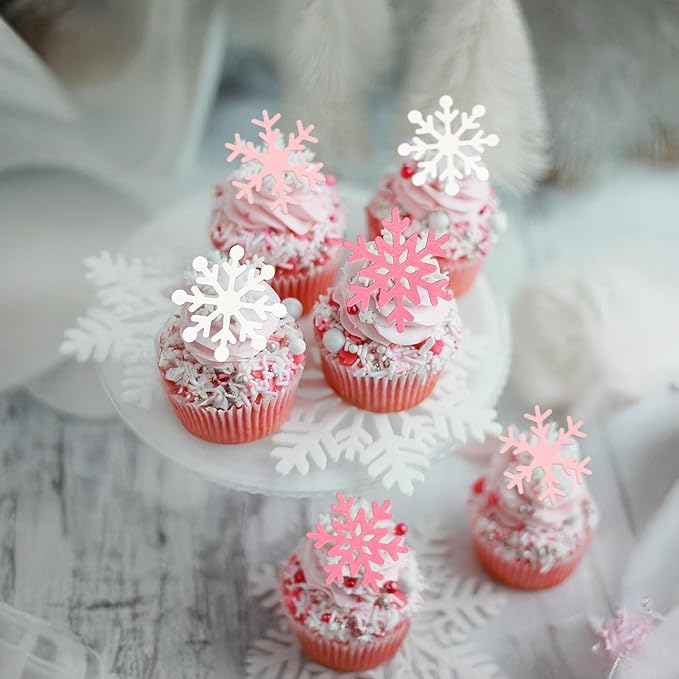 Gyufise 60Pcs Edible Snowflake Cupcake Toppers Winter Cupcake Picks Water Paper Winter Frozen Cake Decorations for Snowflake Theme Baby Shower Kids Birthday Party Supplies Light Pink White