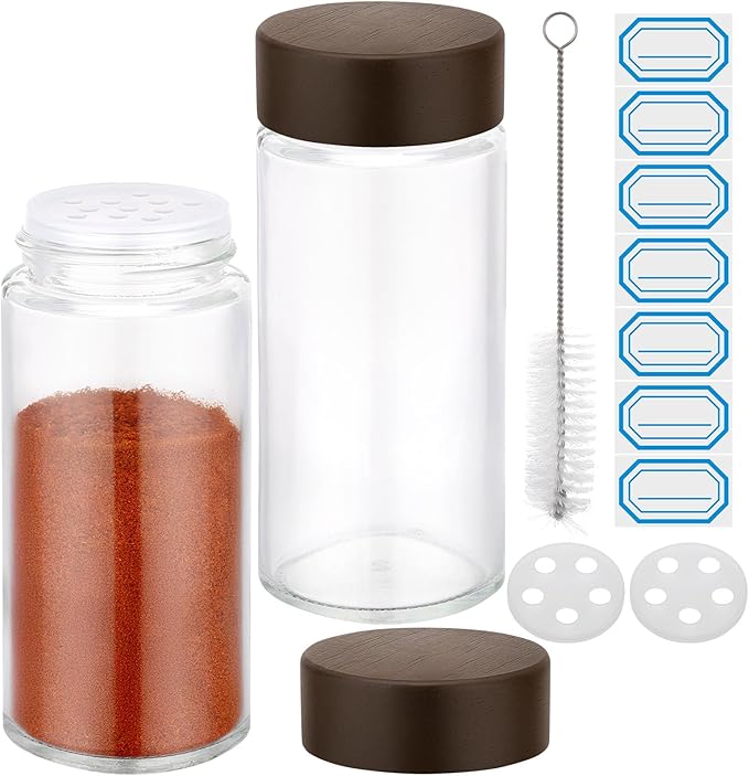 Segarty 4oz Spice Jar with Shaker Lids, 2 Pack 120ml Round Jars with Wood Lids, Clear Empty Seasoning Containers Cereal Cabinet Organization Storage Set, Glass Spice Bottle with 7 Stickers, 1 Brush