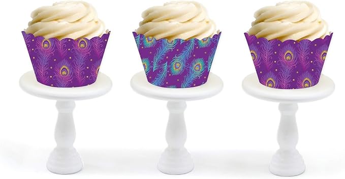 Andaz Press Party Cupcake Wrapper Decorations, Violet Purple and Blue Peacock Feathers, 24-Pack, Theme Colored Bulk Cake Supplies