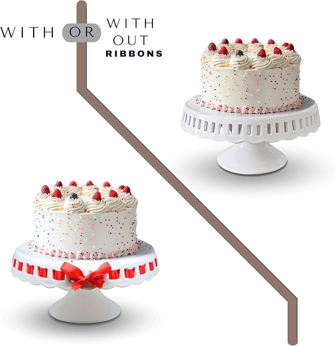 CERAMIC Cake stand,( 8 inch small cake stand ) cake pedestal stand with ribbons, cake stands for party or birthday, white cake platter - cake display stand for wedding reception, pie stand