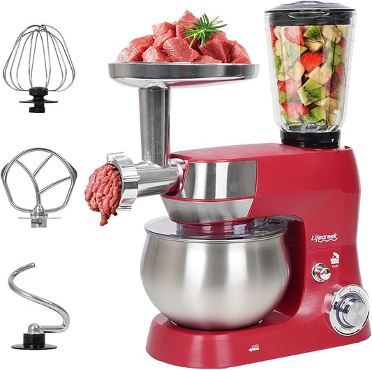 6-in-1 Multifunctional Stand Mixer, 5.3Qt 660W, 6-Speed Tilt-head, Electric Kitchen Mixer with Stainless Steel Bowl,Meat Grinder, Juice Blender (Red)