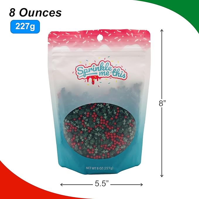Dextrose Holly Berry Blend Sprinkle Mix - 8 oz Resealable Stand Up Bag - Christmas Themed Red and Green Sprinkles - Holiday Sprinkles for Desserts and Baked Goods
