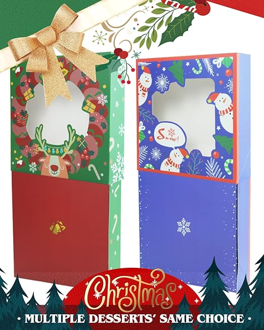 qiqee New Christmas Pie Boxes with Window 10x10x2.5 Inch 12Packs Cookie Donut Bakery Box