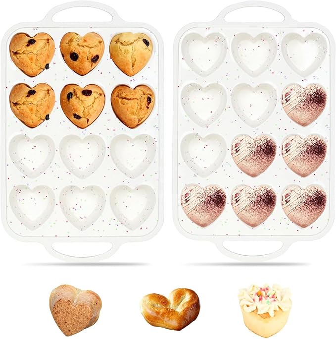 Mini Loaf Pans, Metal Reinforced Frame Silicone Mini Bread Loaf Pans 24 Cavities Nonstick for Baking Cornbread, Small Bread, Small Loaf, Brownie, Cheesecake, Cupcake (2 Pack Heart-shaped)