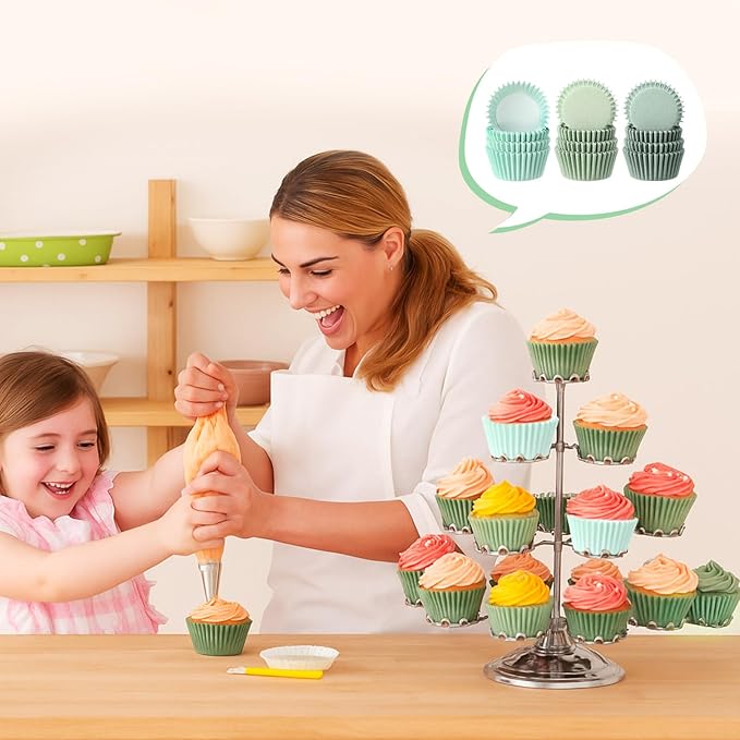 LemonRoad 300pcs Coated Paper Cupcake Liners for Baking Colorful Greaseproof Baking Cup for Muffin Dessert Candy Biscuit Cookies Brownie Wedding Birthday Party Baby Shower(Green,Round)