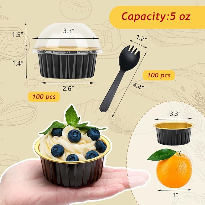 LNYZQUS 5oz Mini Cake Baking Pans with Lids 100 Pack, Disposable Aluminum Cupcake Pan Small Muffin Tins,Mini Foil Baking Cups Containers for Custard Creme Brulee-Black