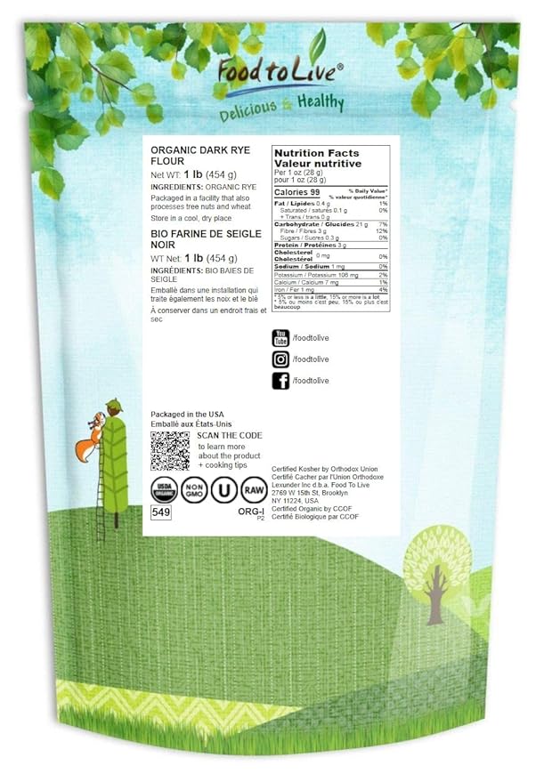 Food to Live Organic Dark Rye Flour, 1 Pound – Whole Grain, Non-GMO, Stone Ground, Kosher, Raw, Vegan, Bulk, Great for Baking Bread, Product of the USA
