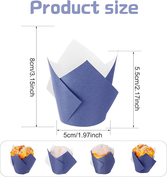Jutom 200 Pack Tulip Cupcake Liners Paper Baking Cups Greaseproof Muffin Liners Grease Resistant Cupcake Wrappers for Weddings Birthday Cake Balls Muffins Candy Jelly Party(Dark Blue)