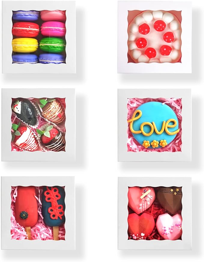 RomanticBaking 21PCS 5x5x2 Inch Bakery Boxes,Cookie Boxes with Window, Pastry Boxes for Macaroon Dessert Cupcake Donut Pastry Muffins