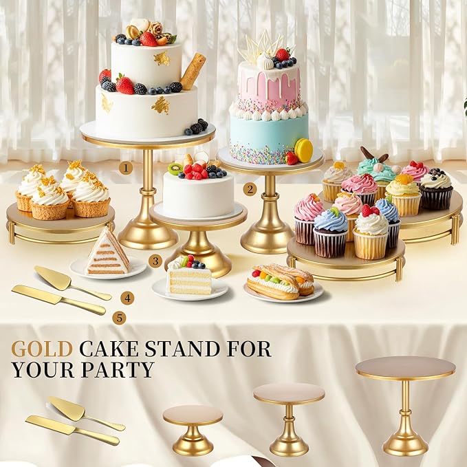 5 PCS Gold Cake Stand Set with Gold Pedestal Cake Stand and Cake Cutter Pie Spatula, Dessert Table Display Set for Wedding, Party, Birthday, Baby Shower, Event Bridal Celebration