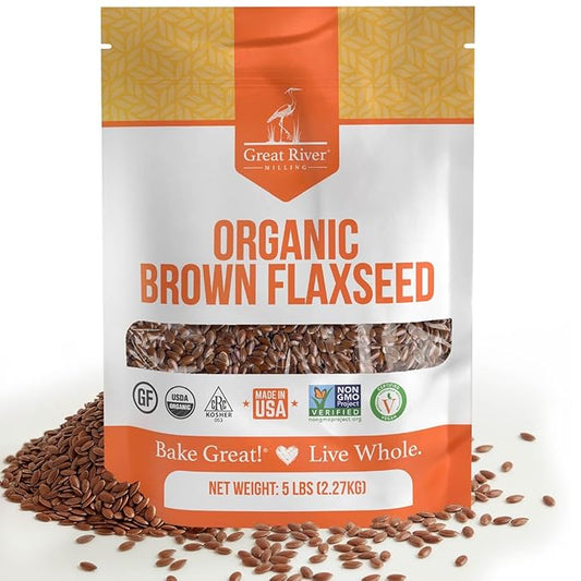 Great River Milling Organic Whole Grain Brown Flaxseed | High-Fiber, Omega-3 Rich Superfood | Gluten Free, Non-GMO, Kosher, USDA Organic | Ideal for Baking, Smoothies & Home Milling | 5 Lb
