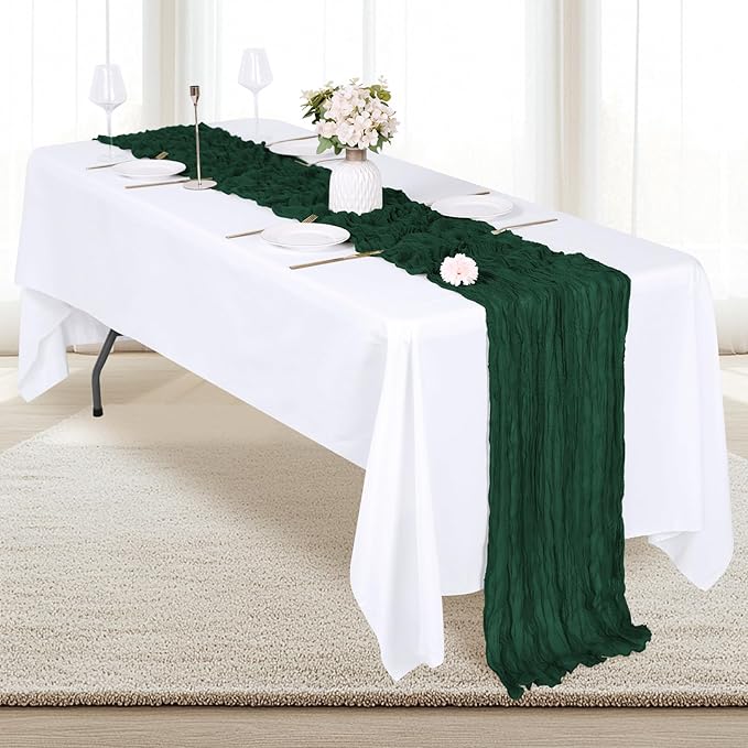 6 Pack Emerald Green Cheesecloth Table Runner 17x108 Inch Semi Sheer Boho Gauze Cheese Cloth Fabric Table Runners, for Wedding Party Baby Shower Birthday Home Decor Garden Farmhouse