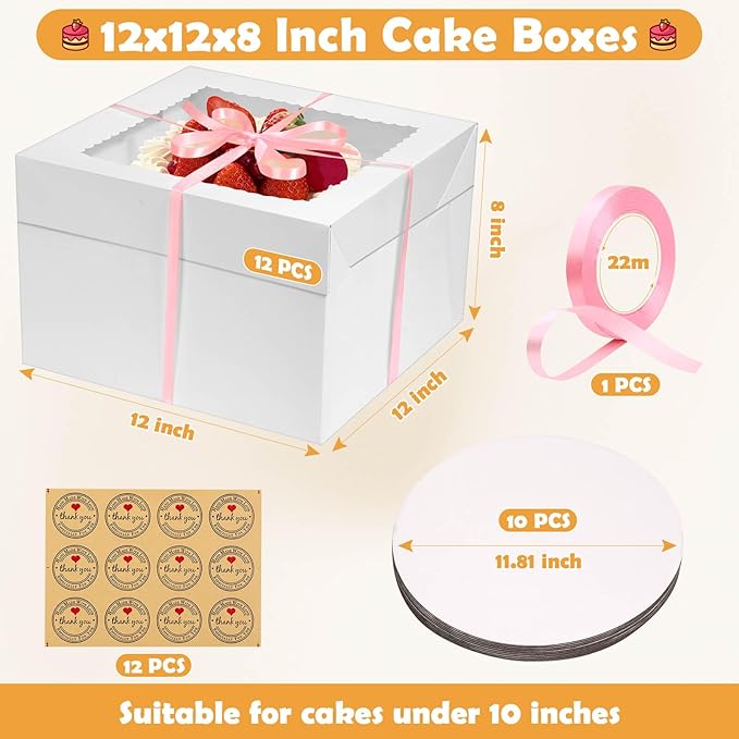 24 Pcs Cake Boxes 12 inch with 12x12x8 Inches 12Pcs Tall Cake Box,10Pcs Cake Board, Stiker &Ribbon, Large Baking Boxes, Square Cardboard Cake Boxes for Multi-Layer Cakes