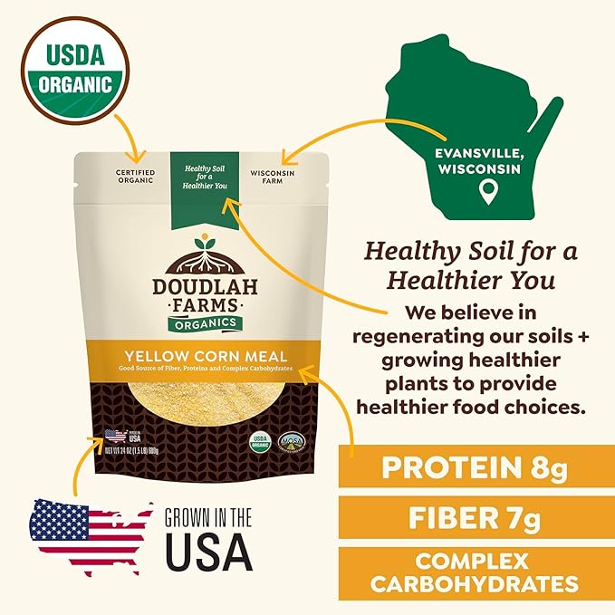 Organic Yellow Cornmeal 25 lb Fine Grind - Non-GMO, Gluten-Free, Sugar-Free, Farmed From Regenerative Soil, Vegan, Grown In USA, For Baking Cornbread, Muffins, Pancakes, and More by Doudlah Farms