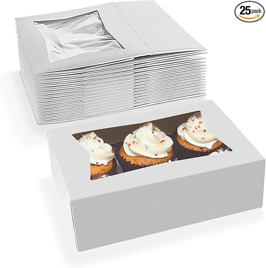 MT Products Cupcake Boxes 8" x 5.75" x 2.5" - Auto Pop-Up Bakery Boxes with Window (Pack of 25) - Made in the USA