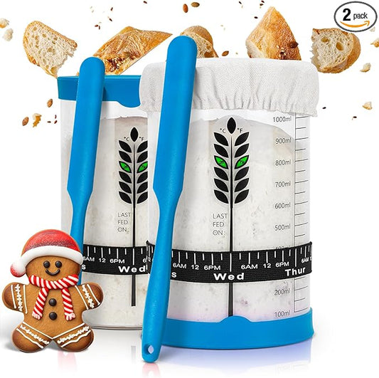 Sourdough Starter Jar Kit 2Pack, 40OZ Large Sourdough Starter Kit With Thermometer Strips & Scraper, Sourdough Bread Baking Supplies–A Perfect Sourdough Bread Starter Kit for Beginners to Expert(Blue)