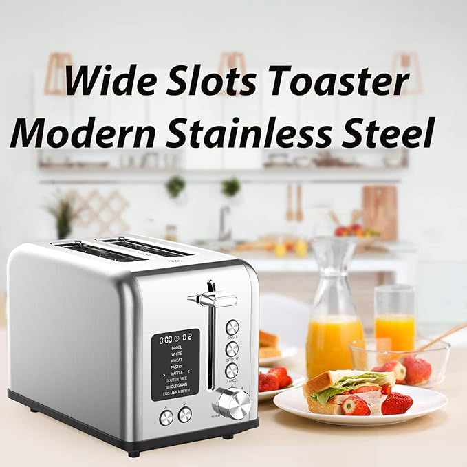 2-Slice Stainless Steel Toaster with Single Slice Function, 8 Bread Types & 6 Browning Levels, Timer Count-down Display, Defrost, Reheat and Cancel Setting with LED Lighting, Extra Lifting, 825W
