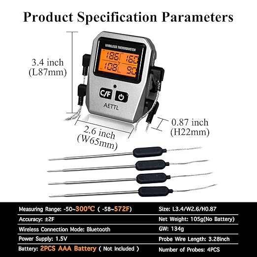 Wireless Digital Meat Thermometer,Instant Read Food Thermometer with LCD Display and 4 Stainless Probes,Advanced Electronic Thermometer Waterproof for BBQ Cooking Kitchen Outside Grill