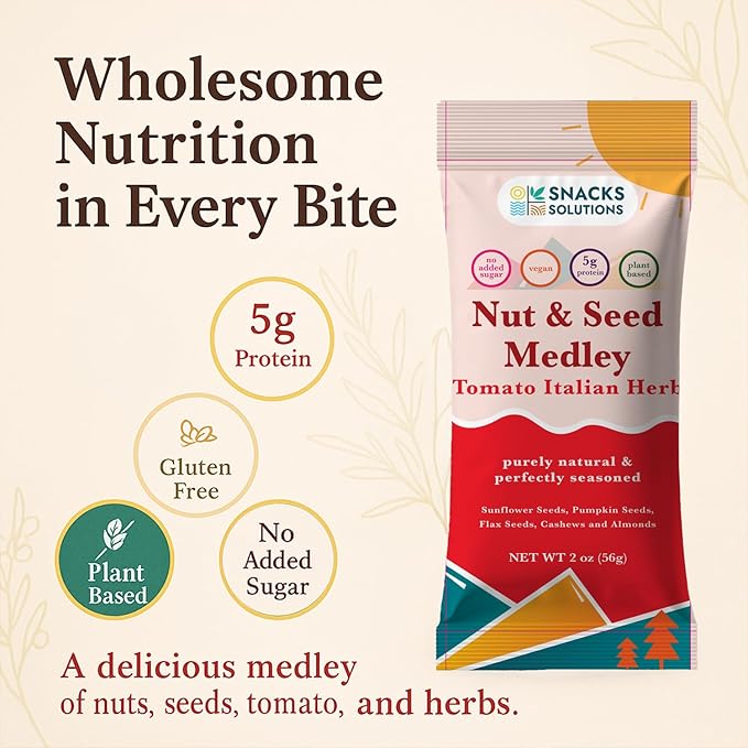 Snacks Solutions Nut and Seed Medley (2 oz - Pack of 8, Tomato Italian Herbs) Vegan, Plant Based, Gluten Free, No Added Sugar