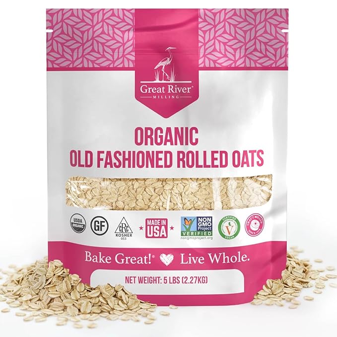 Great River Milling Organic Old Fashioned Rolled Oats | Gluten Free Whole Grain, USDA Organic, Non-GMO, Kosher | Hearty Texture for Oatmeal, Granola, Cookies, Baking & Meal Prep | 5 Lb