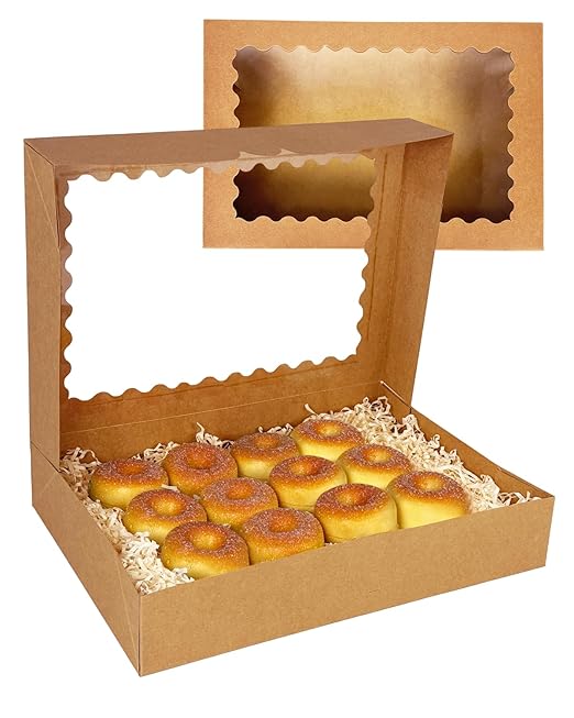 qiqee Auto-pop Up 16x10.5x2.5 Inch Brown Cookie Box with Window 24Pcs Bakery Pastry Macaron Bakery Box for Packaging