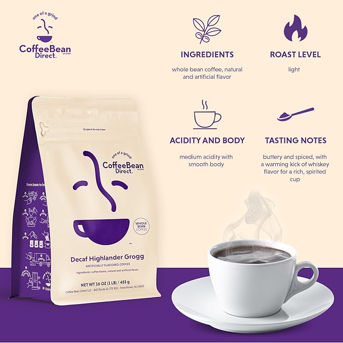 Coffee Bean Direct Decaf Highlander Grogg Flavored, Whole Bean Coffee, 1 Pound Bag (Pack of 1)