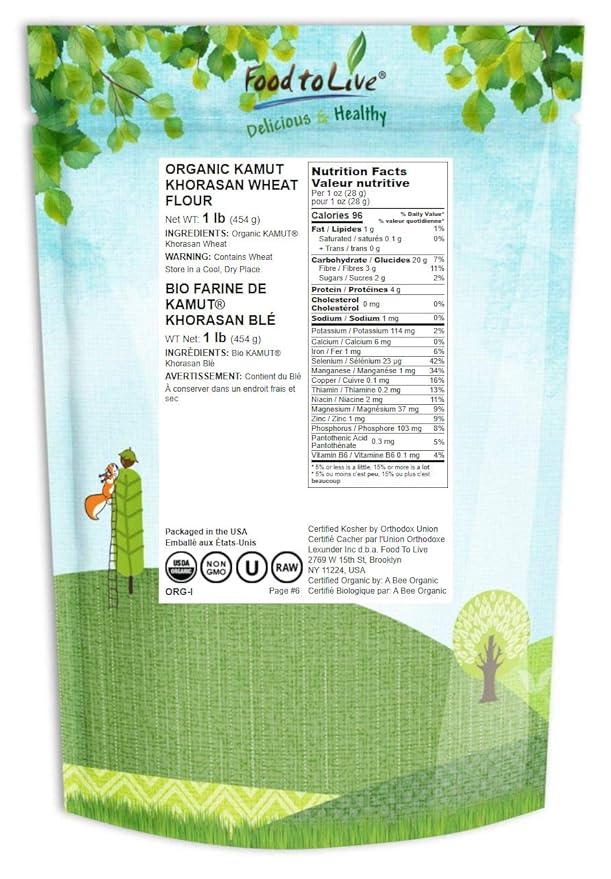 Food to Live Organic KAMUT Khorasan Wheat Flour, 1 Pound – Stone Ground Powder, 100% Whole Grain Meal, Non-GMO, Kosher, Bulk