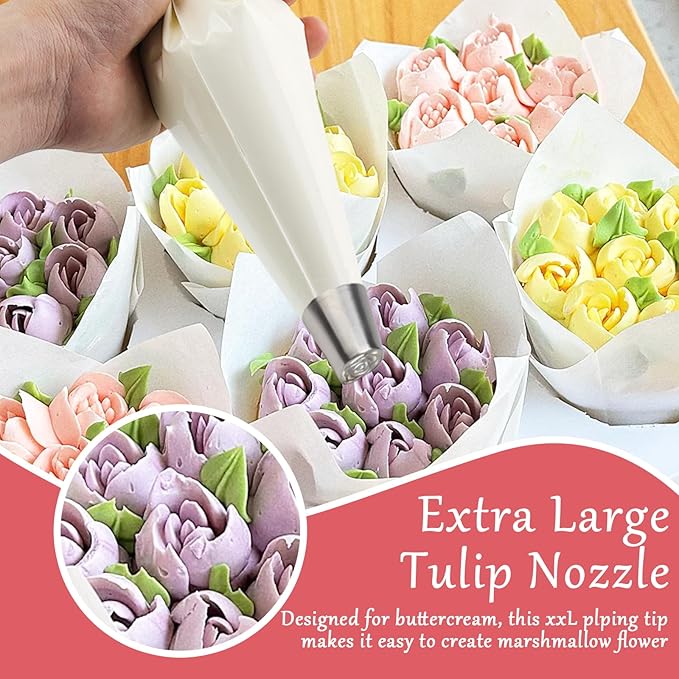 Extra Large Russian Piping Tip Stainless Steel Rose Floral Piping Nozzle Icing Piping Kit for Cake Decorating Flower Frosting Piping Pastry Cupcakes Cakes Cookies Desserts Baking Tool