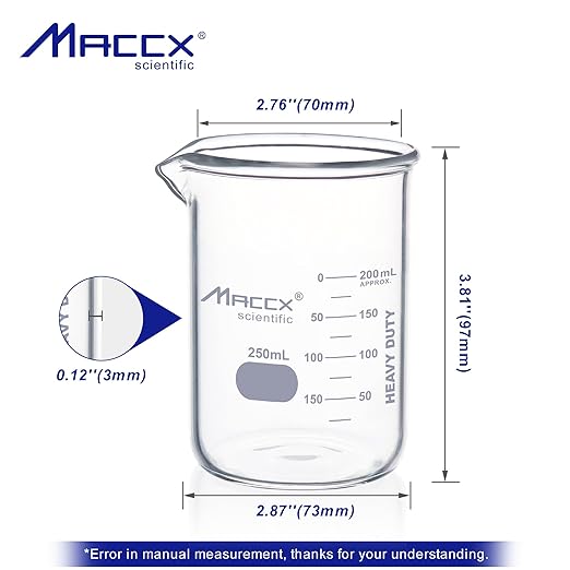 8.5oz(250ml) Sturdy Glass Beaker, Heavy-Duty Lab Beaker Set, 3.3 Borosilicate Griffin Low Form with Printed Graduation, Pack of 6, BKL250-006