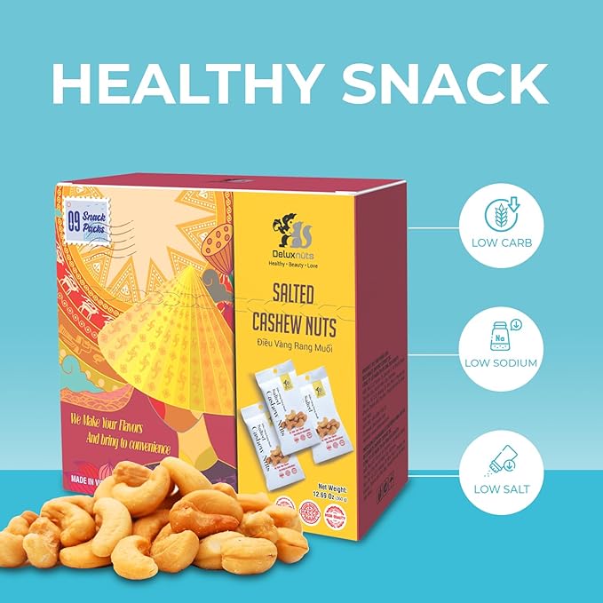 DELUXNUTS Roasted Lightly Salted Cashews (9 Packs), Whole Cashew Nuts, Individual Packs, Healthy Snack for Kids & Adults, Good Source of Protein, Gluten-Free