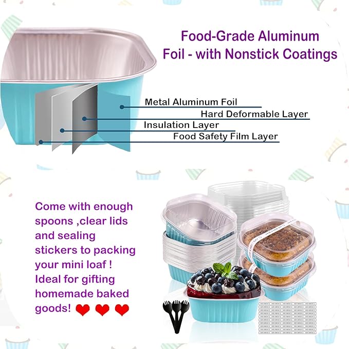 10oz Mini Cake Pans With Lids 50 Pack Aluminum Foil Square Brownie Baking Cups,4”x4” Disposable Loaf Pans With Lids and Spoons Stickers,Large Cupcake Pans Muffin Cake Tins Cake Container(Blue)