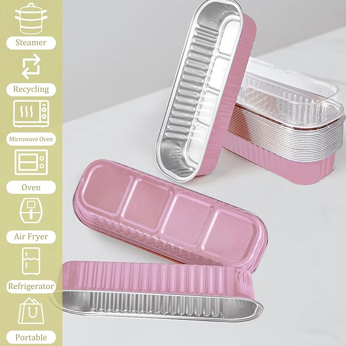 20PCS Rectangle Mini Loaf Pans With Lids,Mini Cake Pans with Lids,Disposable Ramekins Baking Cups Muffin Tins Cupcake Cups for Wedding Birthday Party,6.8oz（Pink）