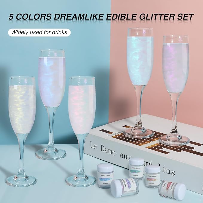 Edible Glitter 5 Colors Set,SkyVue Edible Luster Dust Iridescent Vegan Gluten Nut Free Rainbow Drink Shimmer Food Grade Metallic Powder for Cake,Cocktails Champagne Beverages Decoration - 3g/Bottle